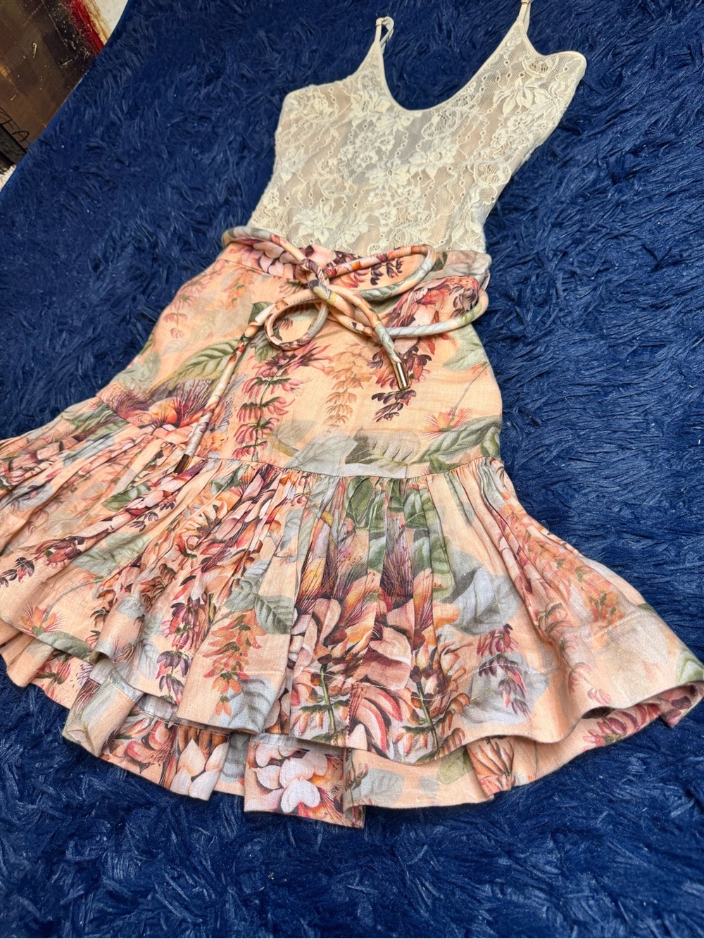 Zimmermann Floral Lace Scoop Neck Bodysuit & Candescent Flip Mini Skirt Set. XS
